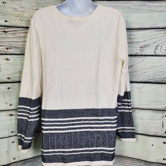 Christopher & Banks Cardigan L White Navy Button Front 100% Cotton Striped - Picture 3 of 6